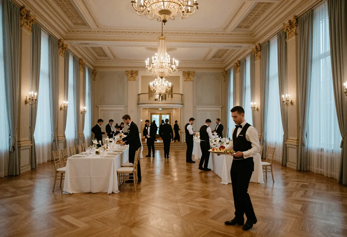 Adrianna Ballroom's elegant Art Deco interior with towering ceilings, wedding catering guide.